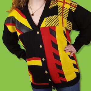 Vintage Suzelle Black Abstract Geometric Knit Button Up Sweater Cardigan, L